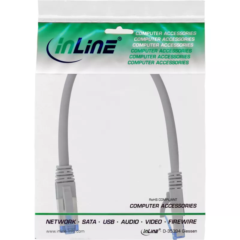 InLine komutacinis kabelis S/FTP PiMF Cat.6A halogen free 500MHz pilkas 0,3m