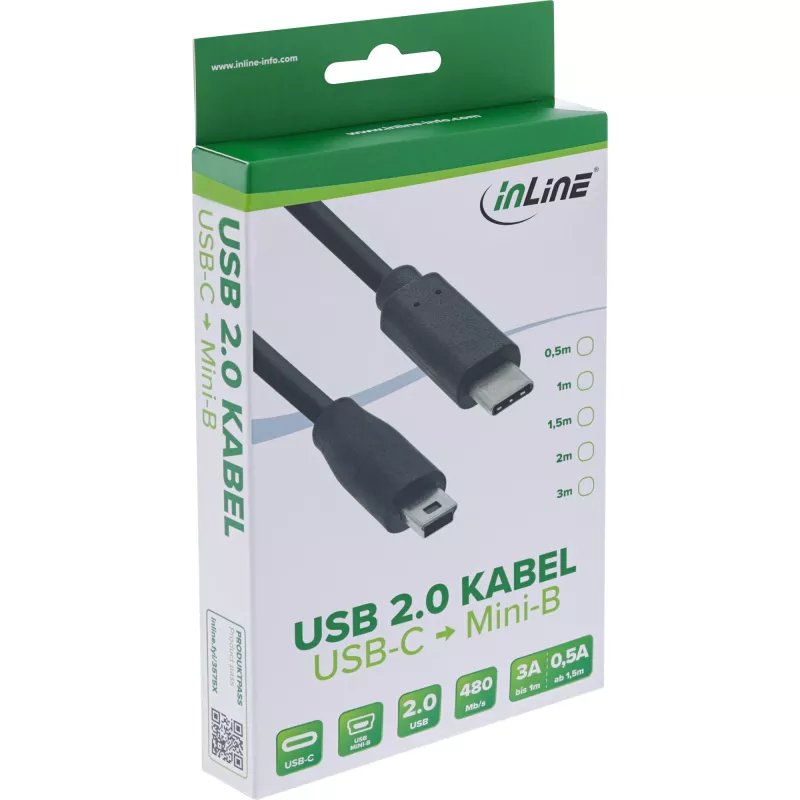 InLine USB 2.0 laidas, USB-C kištukas / mini-B kištukas (5 kontaktų), juodas, 2 m