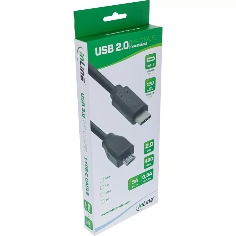 “InLine” USB 2.0 laidas, USB-C kištukas / mikro USB-B kištukas, juodas, 0,5 m