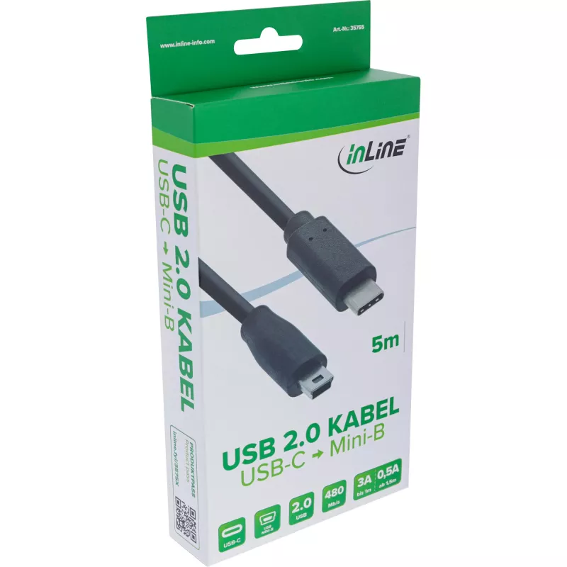 InLine USB 2.0 laidas, USB-C kištukas / mini-B kištukas (5 kontaktų), juodas, 5 m
