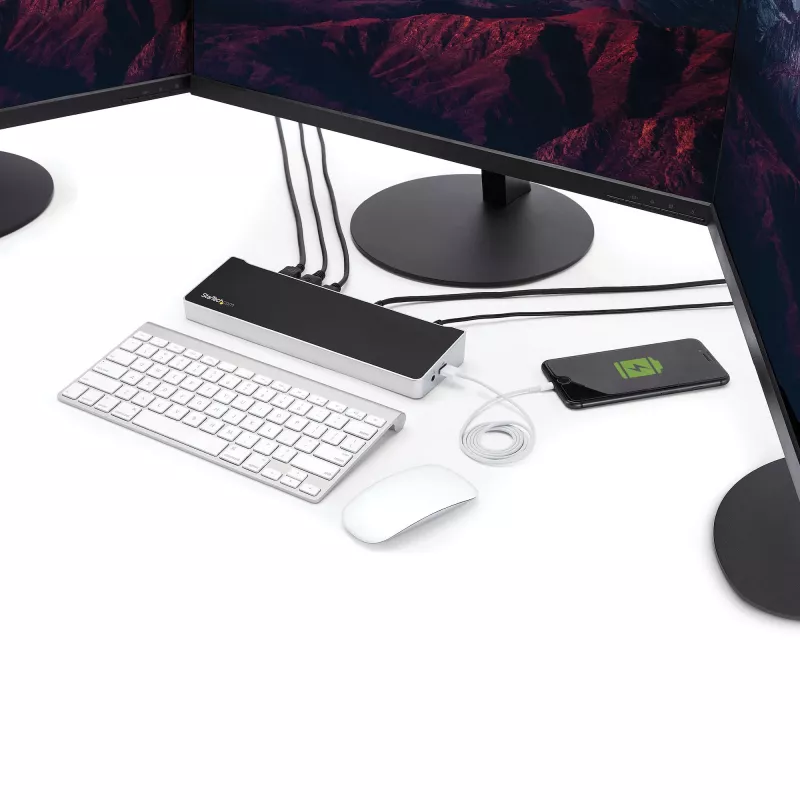 StarTech.com 4K USB-C dokas, triguba UHD 4K monitorių prijungimo stotelė, Mac ir Windows, USB-C į HDMI ir DisplayPort, 60W maitinimo tiekimas, 5x USB 5Gbps koncentratorius - TAA