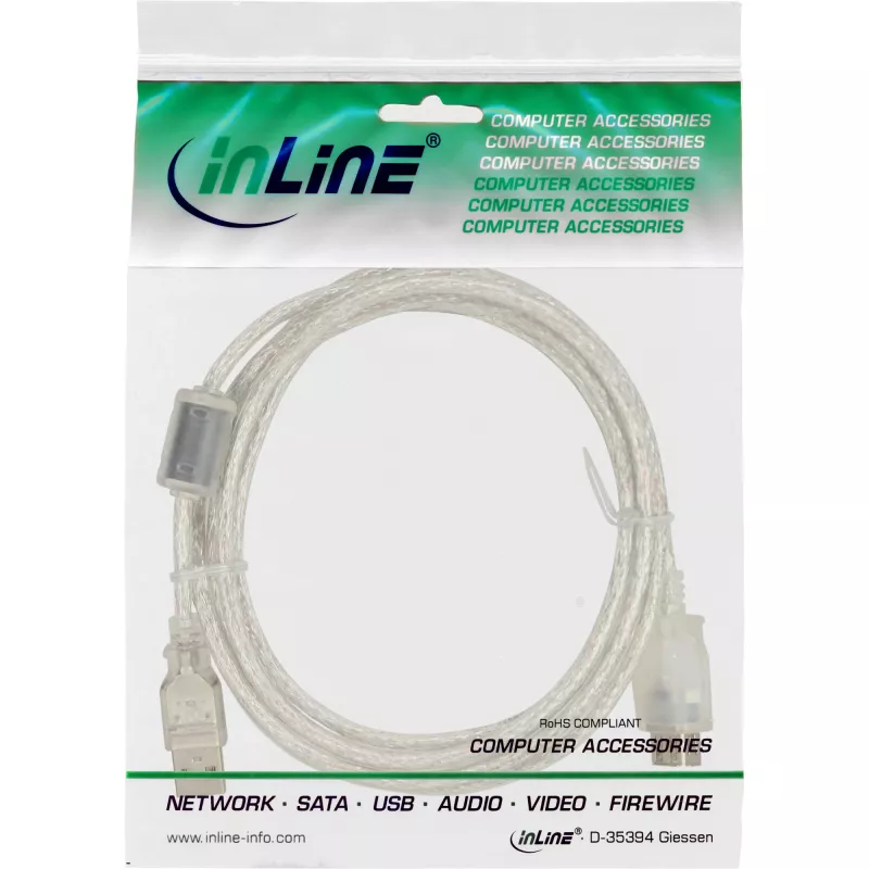 InLine USB 2.0 ilginimo kabelis A tipas V/F, permatomas, su feritu, 1m