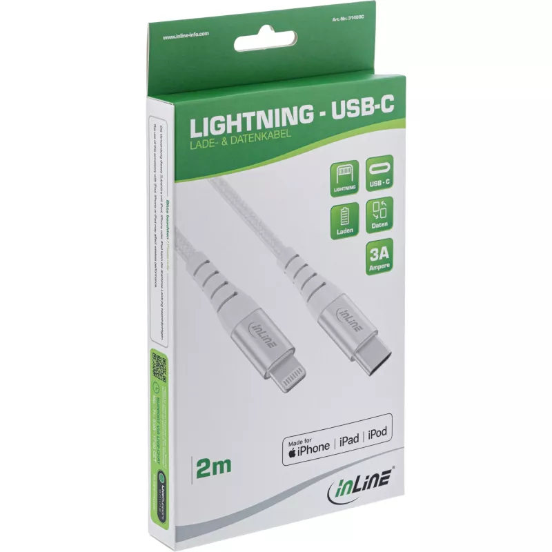 InLine USB-C Lightning laidas, skirtas iPad, iPhone, iPod, sidabrinis/aliuminis, 2 m