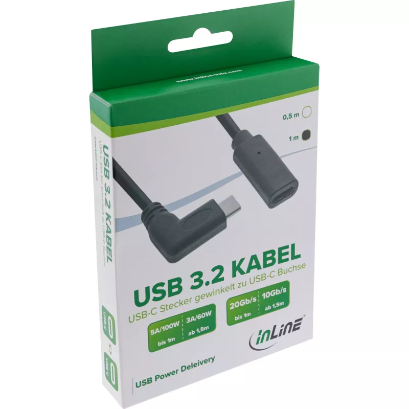 InLine USB 3.2 Gen.1x2 laidas, USB-C kištukas kampinis / lizdas, juodas, 1m