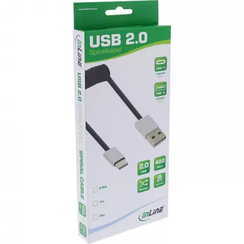 InLine USB 2.0 spiralinis kabelis, USB-C kištukas / USB-A kištukas, juodas/aliu, lankstus, 0,5 m