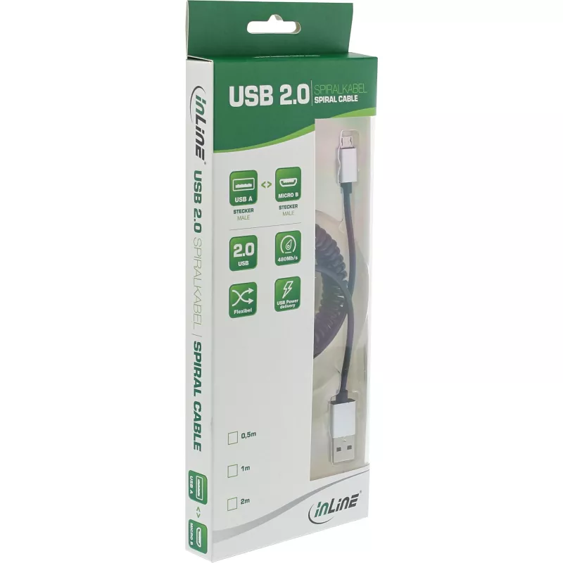 InLine Micro-USB 2.0 spiralinis kabelis, A tipo / Micro-B M/M, juodas / aliuminis, lankstus 3 m