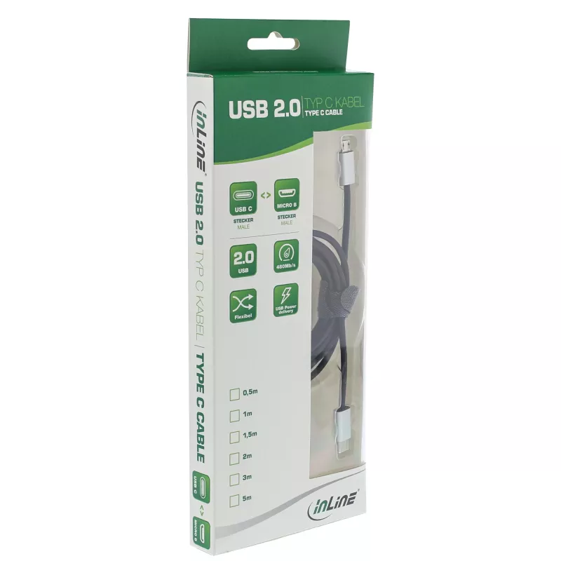 InLine USB 2.0 kabelis, USB-C kištukas / Micro-B kištukas, juodas/aliu, lankstus, 1,5 m