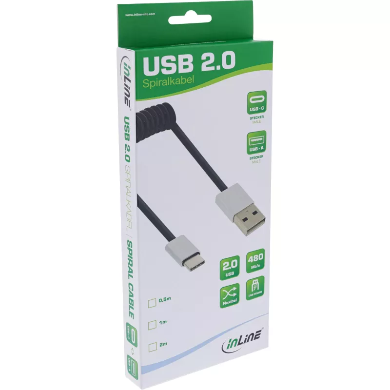 InLine USB 2.0 spiralinis kabelis, USB-C kištukas / USB-A kištukas, juodas/alu, lankstus, 1 m