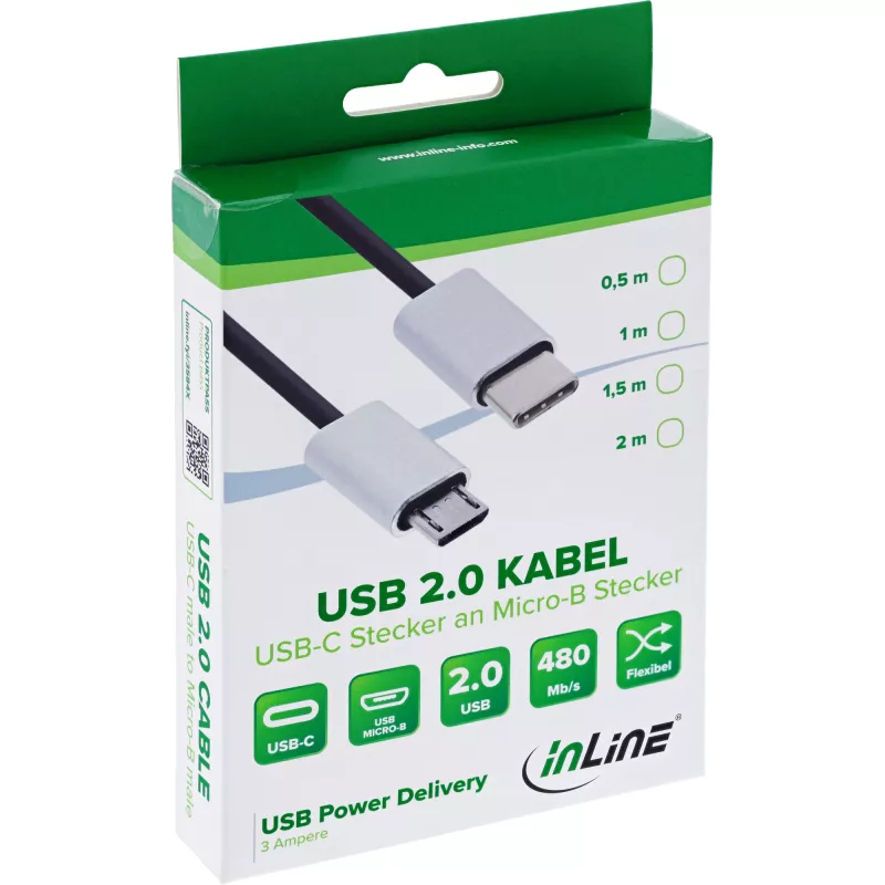InLine USB 2.0 laidas, USB-C kištukas / Micro-B kištukas, juoda/alu, lankstus, 0,5 m