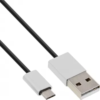 „InLine Micro-USB 2.0“ laidas, USB A tipo / Micro B, kištukas–kištukas, juodas/aliu, lankstus, 1 m