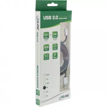 „InLine“ Micro-USB 2.0 laidas, USB A / Micro B V/V, juodas/alu, lankstus, 2 m