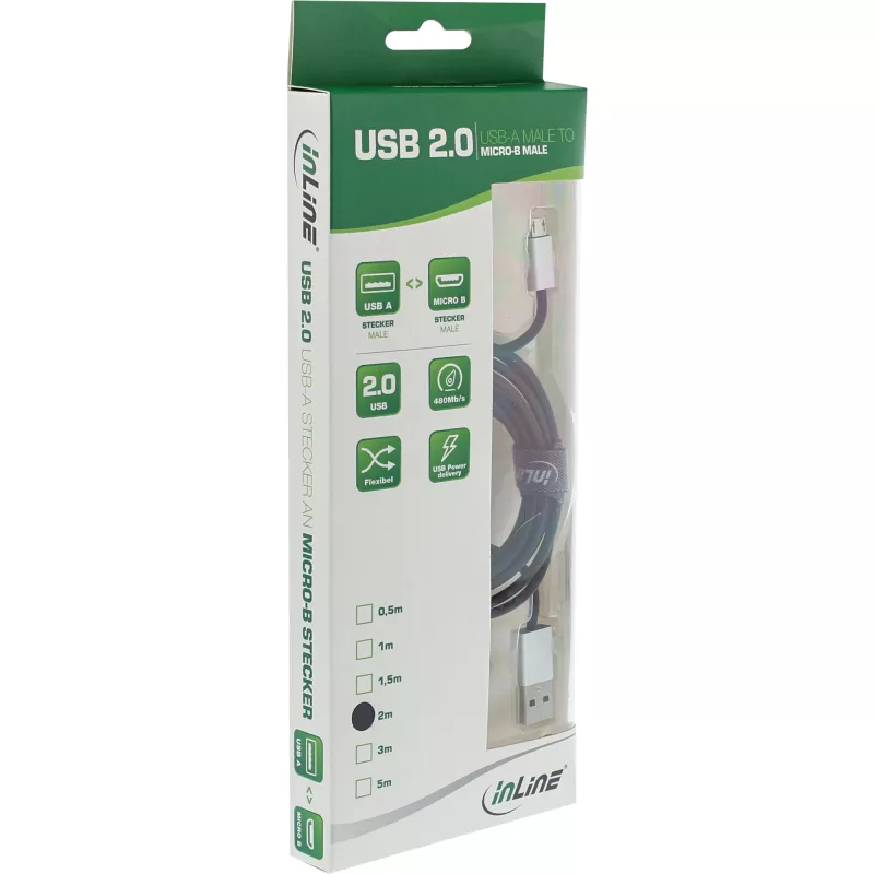 „InLine“ Micro-USB 2.0 laidas, USB A / Micro B V/V, juodas/alu, lankstus, 2 m