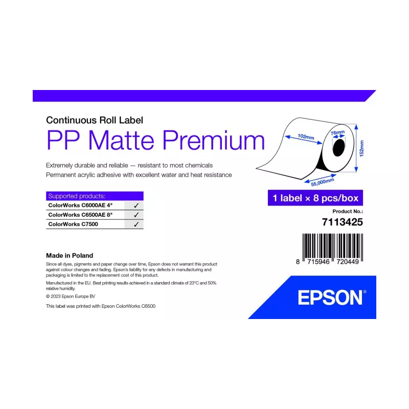 Lipnus spausdintuvo lipdukas Epson 7113425 Baltas 10.2 cm x 55 m