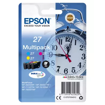 Epson Žadintuvas, daugiapaketis, 3 spalvų, 27 DURABrite Ultra rašalas, žydra, purpurinė, geltona, pigmentinis rašalas, 3,6 ml, 1 vnt., 300 lapų, kelių vienetų pakuotė