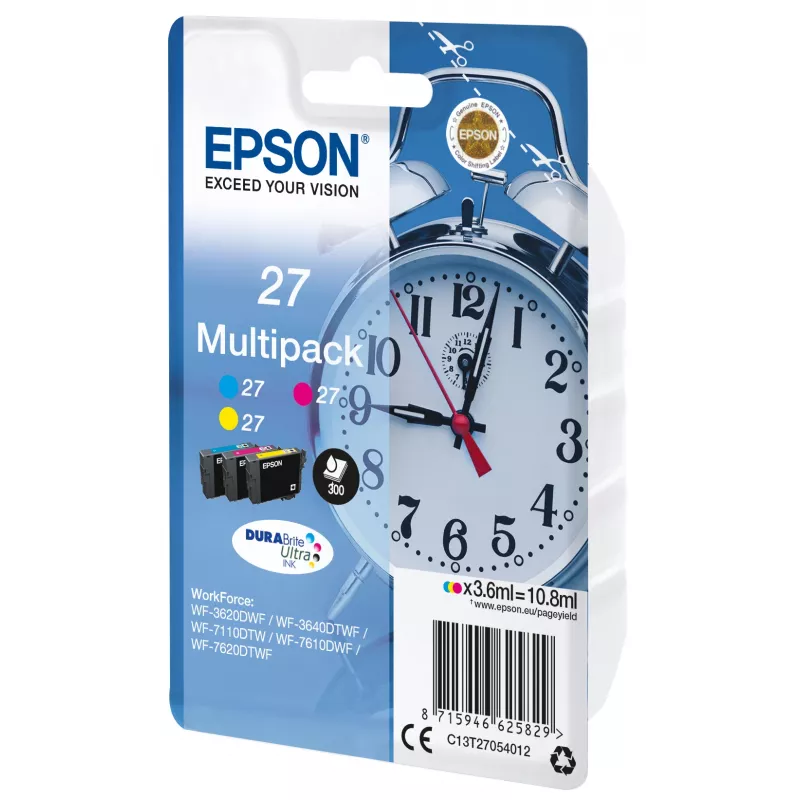 Epson Žadintuvas, daugiapaketis, 3 spalvų, 27 DURABrite Ultra rašalas, žydra, purpurinė, geltona, pigmentinis rašalas, 3,6 ml, 1 vnt., 300 lapų, kelių vienetų pakuotė