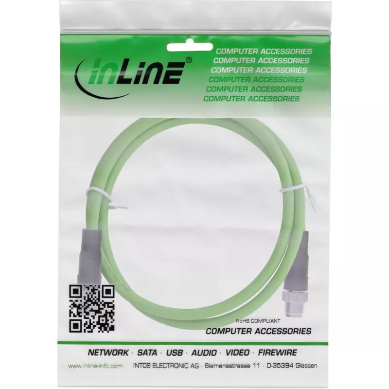 InLine pramoninis tinklo kabelis, M12 8 kontaktų X koduotas kištukas/kištukas, Cat.6A PUR 2 m