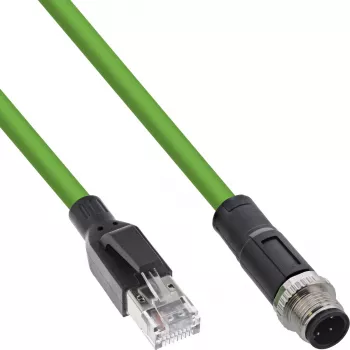 InLine pramoninis tinklo kabelis, M12 4 kontaktų D koduotas kištukas į RJ45, PUR 2 m