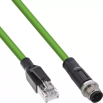 InLine pramoninis tinklo kabelis, M12 4 kontaktų D koduotas kištukas į RJ45, PUR 7,5 m