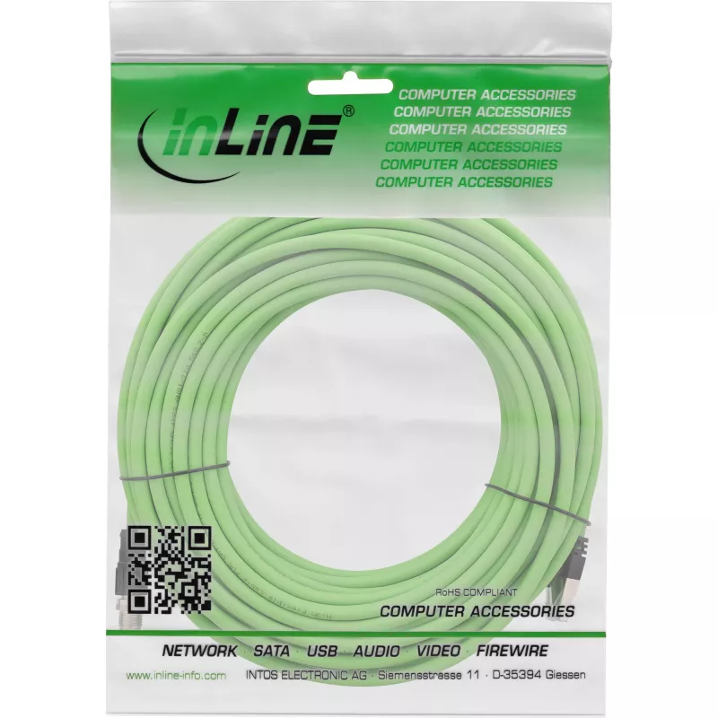 InLine pramoninis tinklo kabelis, M12 8 kontaktų X koduota į RJ45 kištuką, Cat.6A PUR 15 m