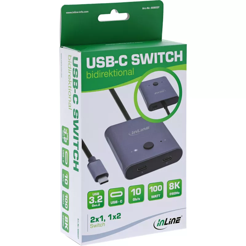 InLine USB-C jungiklis, dvikryptis jungiklis, 10 Gb/s, 100 W