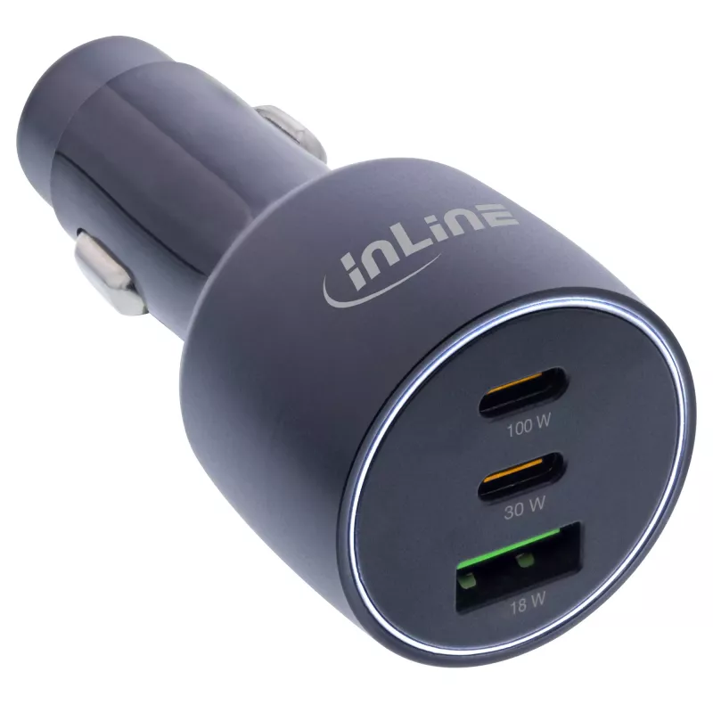 InLine USB automobilinis maitinimo adapteris su Power Delivery, 2x USB-C + QC USB-A, juodas