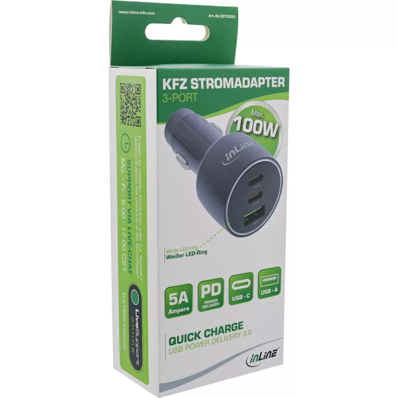 InLine USB automobilinis maitinimo adapteris su Power Delivery, 2x USB-C + QC USB-A, juodas