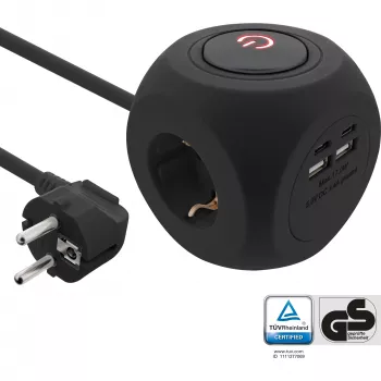 InLine Charging Cube InLine 16499B 3x įžeminimo kontaktas 2x USB-C 2x USB-A juoda 2m