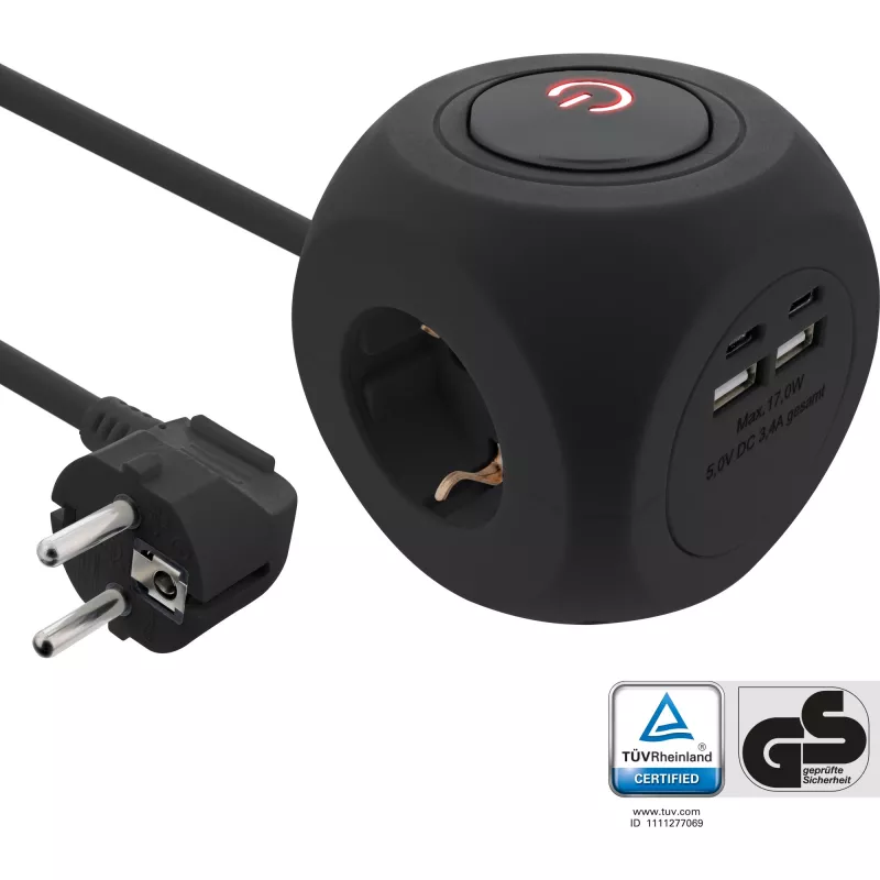 InLine Charging Cube InLine 16499B 3x įžeminimo kontaktas 2x USB-C 2x USB-A juoda 2m