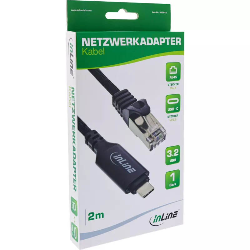Tinklo kabelis InLine 33381A USB-C į RJ45 Cat6 2 m juodas