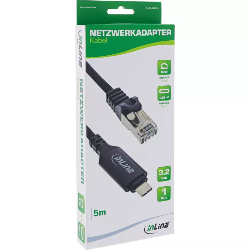 Tinklo kabelis InLine 33381B USB-C į RJ45 Gigabitinis 5m Juodas