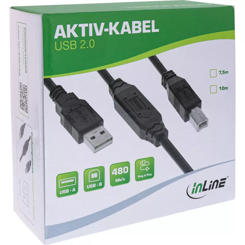 InLine USB 2.0 aktyvusis kabelis, USB-A kištukas į USB-B kištuką, 7,5 m
