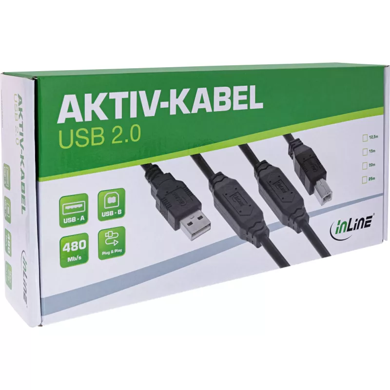 InLine USB 2.0 aktyvus laidas, USB-A kištukas į USB-B kištuką, 25m