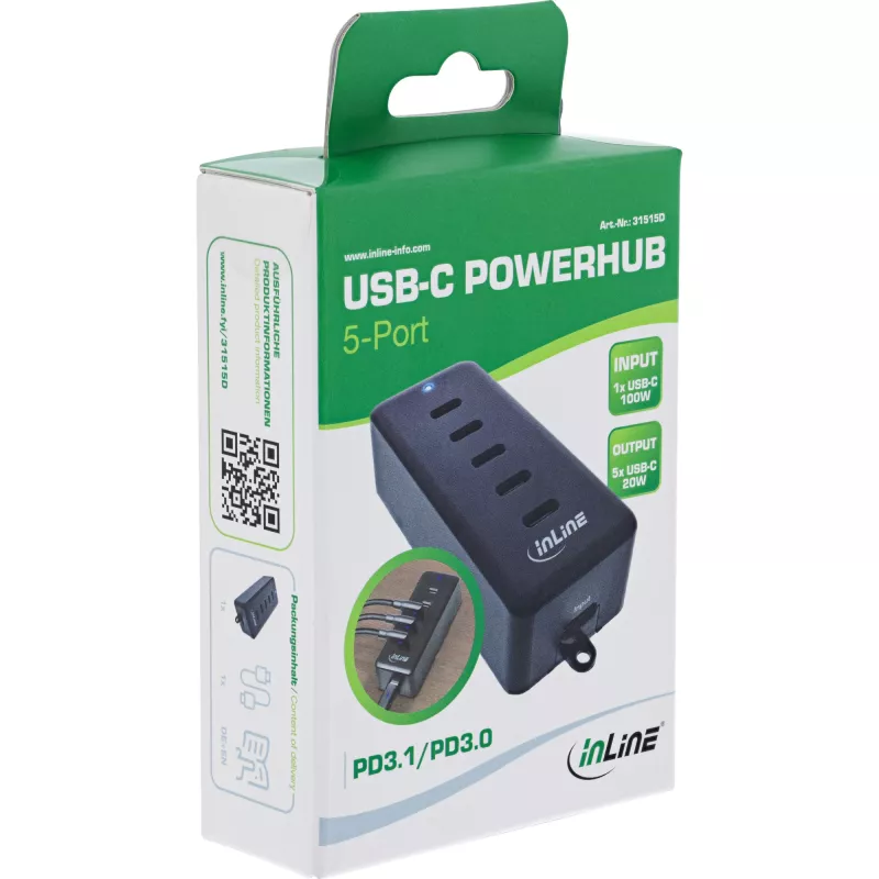 InLine USB-C ilgintuvas 5 prievadų 100 W vidinis įkroviklis universalus suderinamumas