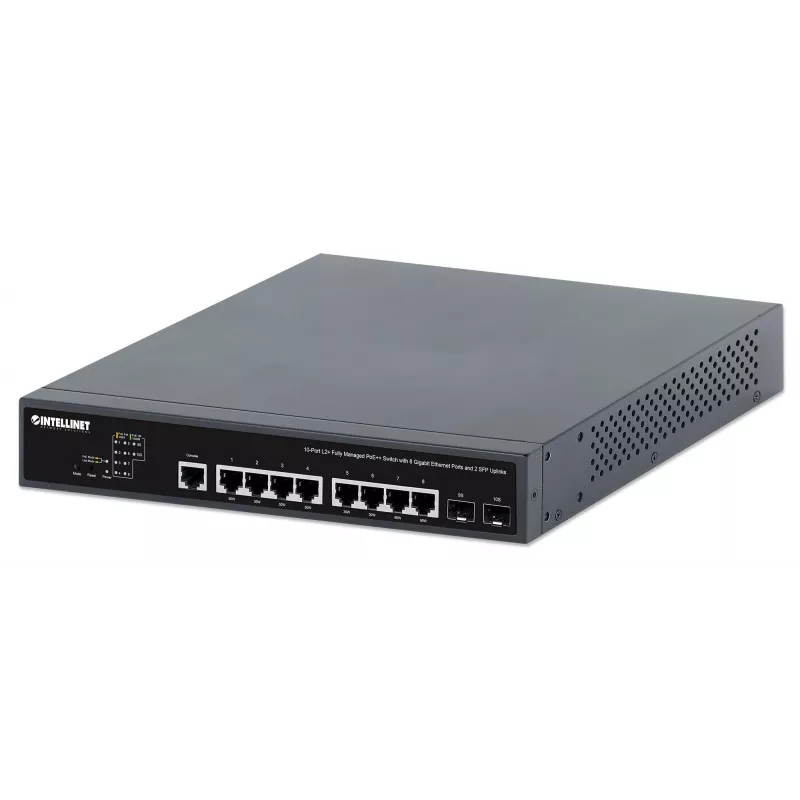 Intellinet 10 prievadų L2+ pilnai valdomas PoE++ jungiklis su 8 Gigabit Ethernet prievadais ir 2 SFP jungtimis