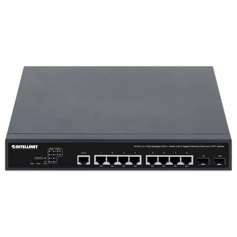 Intellinet 10 prievadų L2+ pilnai valdomas PoE++ jungiklis su 8 Gigabit Ethernet prievadais ir 2 SFP jungtimis
