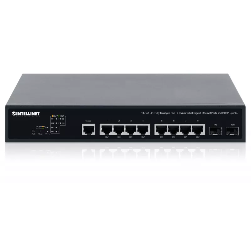 Intellinet 10 prievadų L2+ pilnai valdomas PoE++ jungiklis su 8 Gigabit Ethernet prievadais ir 2 SFP jungtimis
