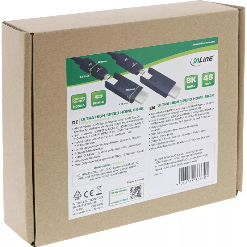 InLine HDMI AOC kabelis, Ultra High Speed HDMI, 8K4K, nuimamas kištukas, 10m