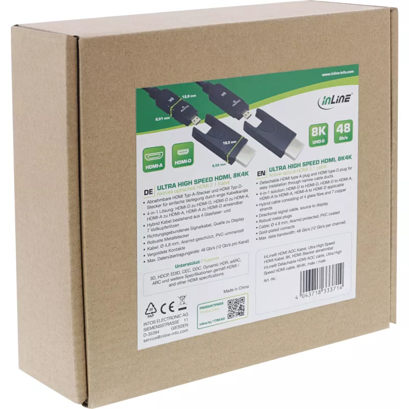 InLine HDMI AOC kabelis, itin didelės spartos HDMI, 8K4K, nuimamas kištukas, 15 m