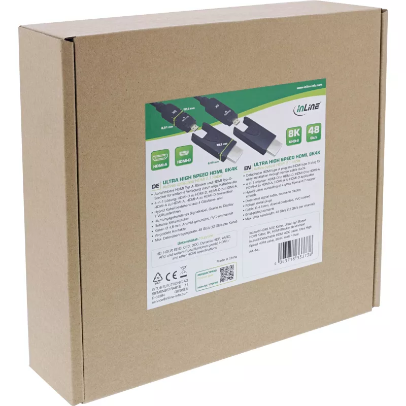 InLine HDMI AOC laidas, itin didelės spartos HDMI, 8K4K, nuimamas kištukas, 25m