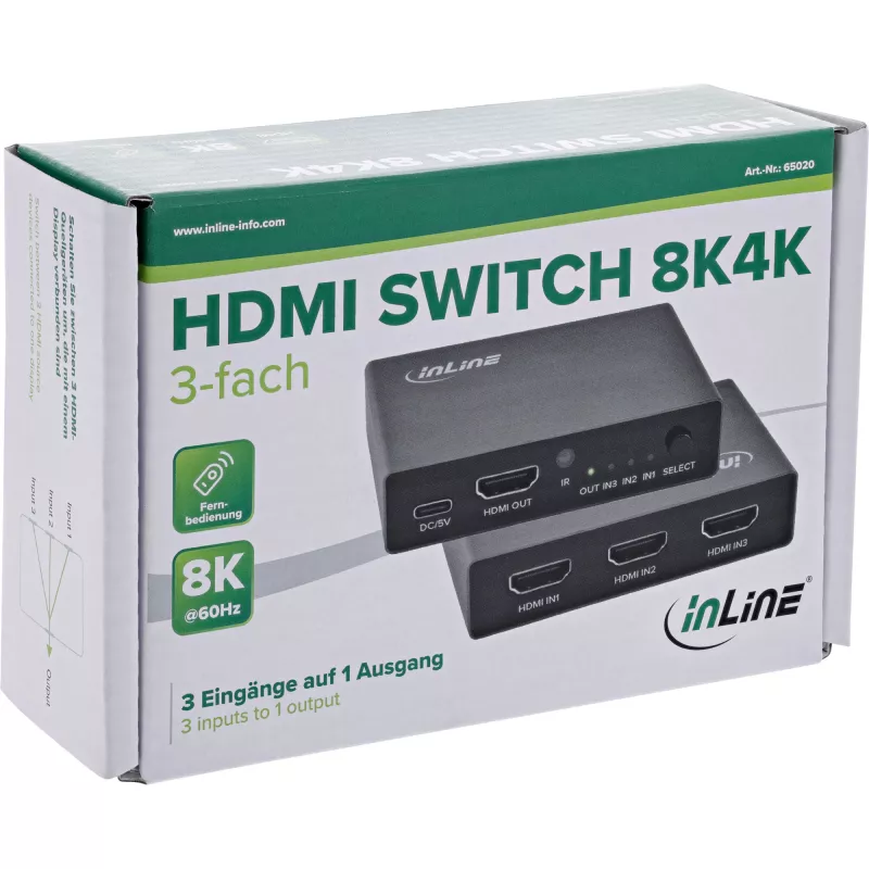 HDMI jungiklis InLine 65020 3 prievadų 8K 60Hz HDCP 2.3