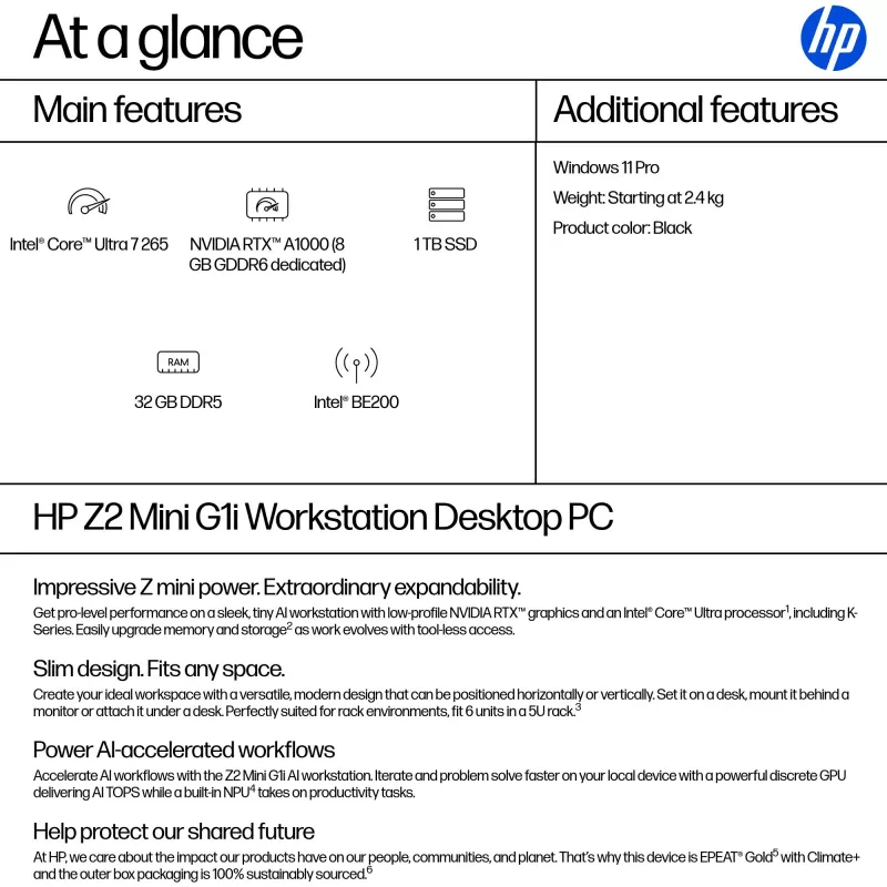 HP Z2 G1i Intel Core Ultra 7 265 32 GB DDR5-SDRAM NVIDIA RTX A1000 Windows 11 Pro Mini PC Workstation AI Workstation, AI PC