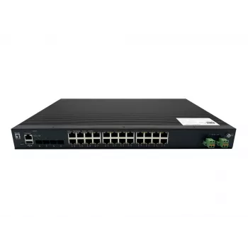 LevelOne 28 prievadų L2 Plus valdomas PoE pramoninis jungiklis, 4 x 1/2.5/10GbE SFP+, 24 PoE išėjimai, 370W, 802.3AF/AT/BT PoE, 19 colių montavimas stelaže, -40°C iki 80°C