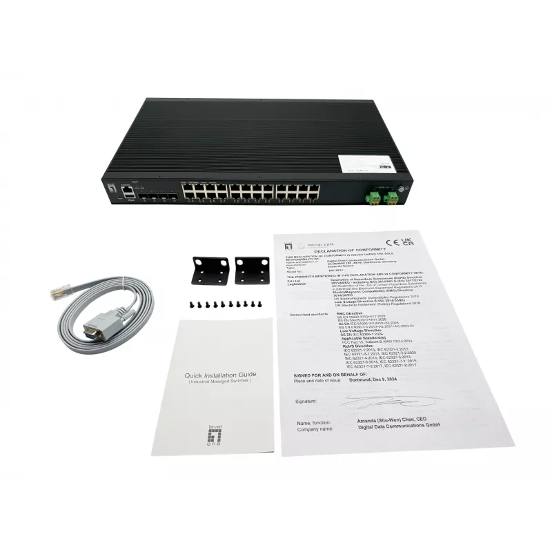 LevelOne 28 prievadų L2 Plus valdomas PoE pramoninis jungiklis, 4 x 1/2.5/10GbE SFP+, 24 PoE išėjimai, 370W, 802.3AF/AT/BT PoE, 19 colių montavimas stelaže, -40°C iki 80°C