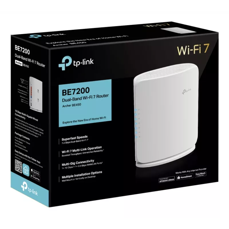 Belaidis maršrutizatorius TP‑Link Archer BE450 — Dviejų juostų (2,4/5 GHz), „Wi‑Fi 7“, Multi‑Gigabit Ethernet, 5 LAN prievadai, USB, baltas
