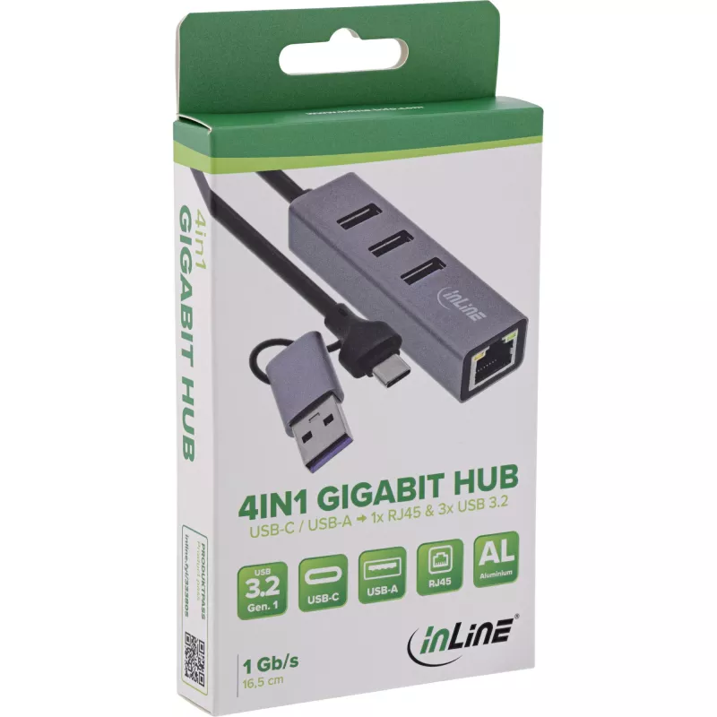 InLine 33380S sąsajos šakotuvas USB 3.2 Gen 1 (3.1 Gen 1) Type-A + Type-C 5000 Mbit/s Pilkas