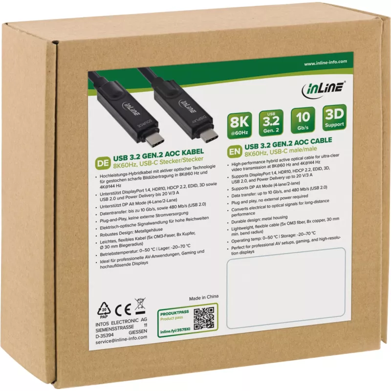 USB 3.2 Gen.2 AOC laidas InLine 35793I 8K60Hz 60W optinis aktyvusis laidas
