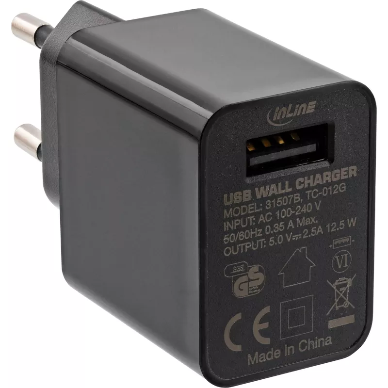 InLine USB maitinimo adapteris, vienas, 100–240 V į 5 V / 2,5 A, juodas