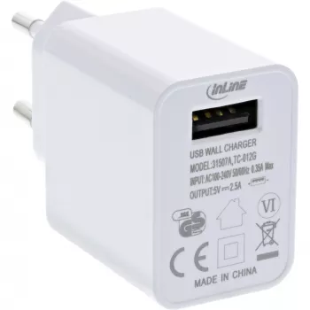 InLine USB maitinimo adapteris, vienas, 100-240V į 5V/2.5A, baltas