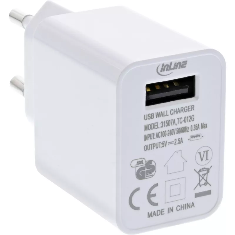 InLine USB maitinimo adapteris, vienas, 100-240V į 5V/2.5A, baltas