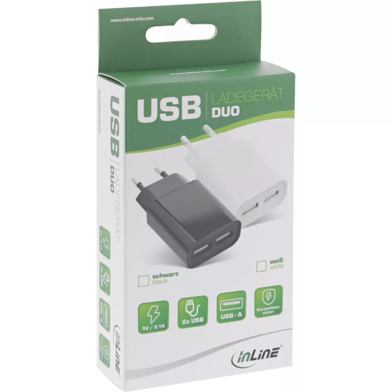 InLine USB maitinimo adapteris DUO, 2 prievadai 100-240VAC į 5V / 2,1A baltos spalvos